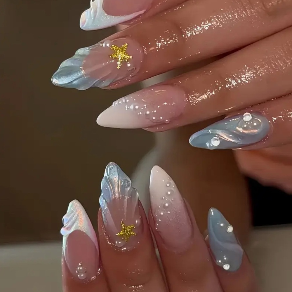 NWT Elegant Pink & Blue 3-D Press On Nail Art French Tip 24 pcs medium ocean - Picture 1 of 8